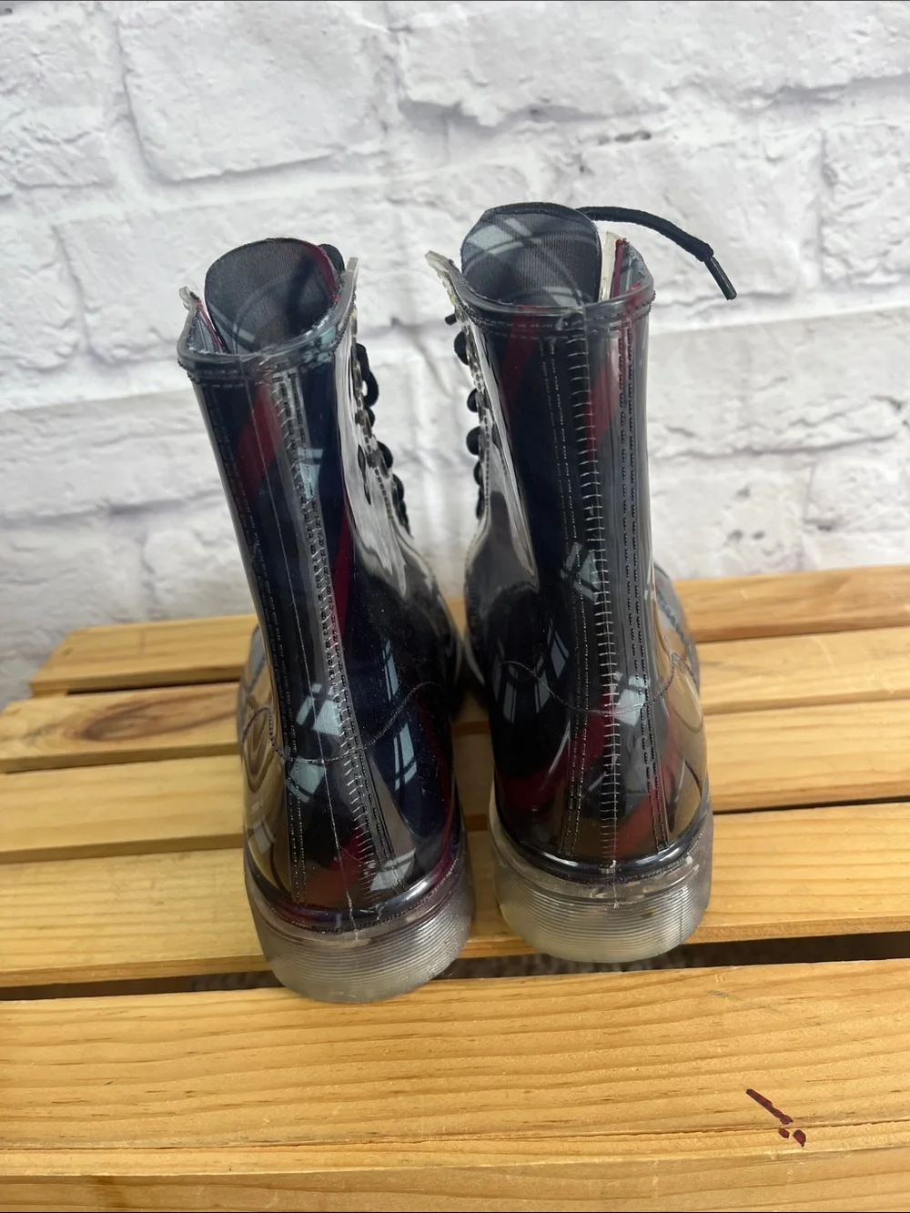 Henry Ferrera women’s preppy utility  tartan plaid lace up rainboots size 8